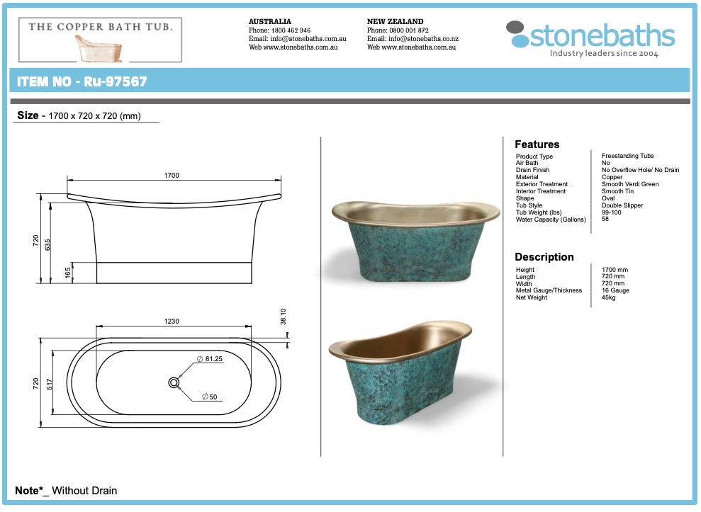 Hammered Verdigris Copper Double Slipper Bath 1700mm - CB97567-D67