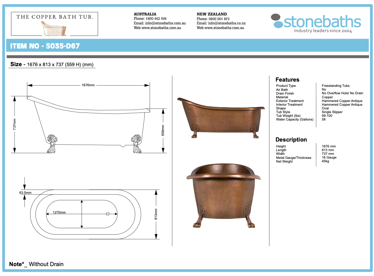 Antique Copper, Hammered Slipper  1700mm - CB5035-D67