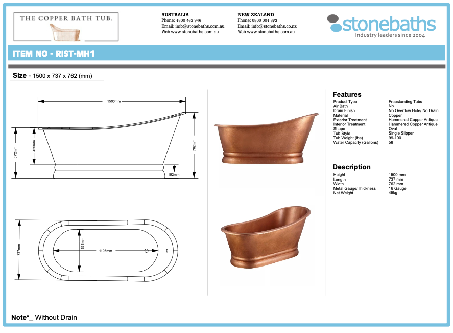Old Hammered Copper, Slipper Smooth 1500mm - CBMH1-D67