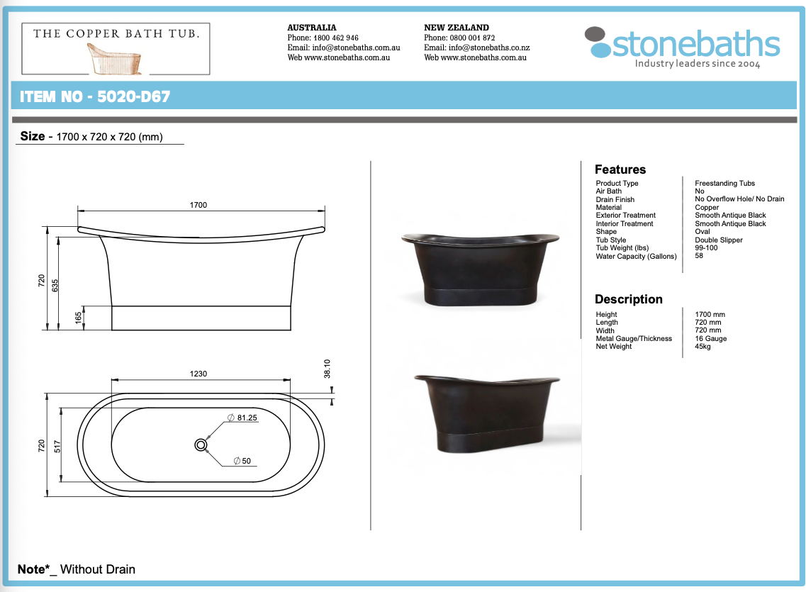 Antique Smooth Black Copper Bath, Double Slipper 1700mm - CB5020-D67