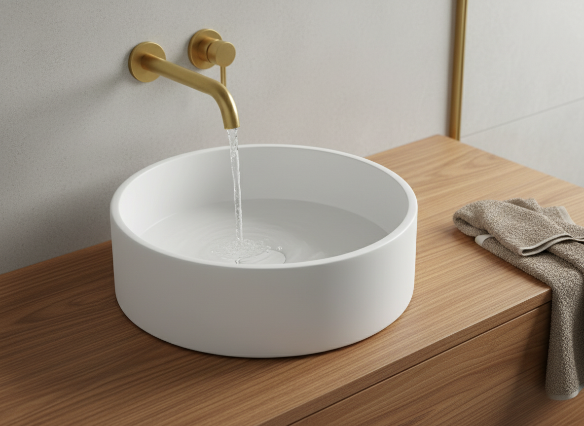 white concrete basin on wooden vanity