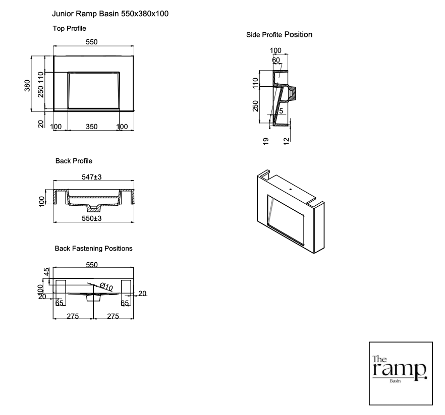The Ramp Junior 100 Basin 550mm Wall Hung Stone Basin