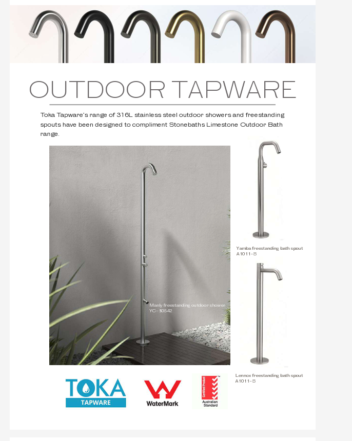 Modern Freestanding Outdoor showers and bath spouts made from marine grade 316L stainless steel. Toka Tapware. Stonebaths.