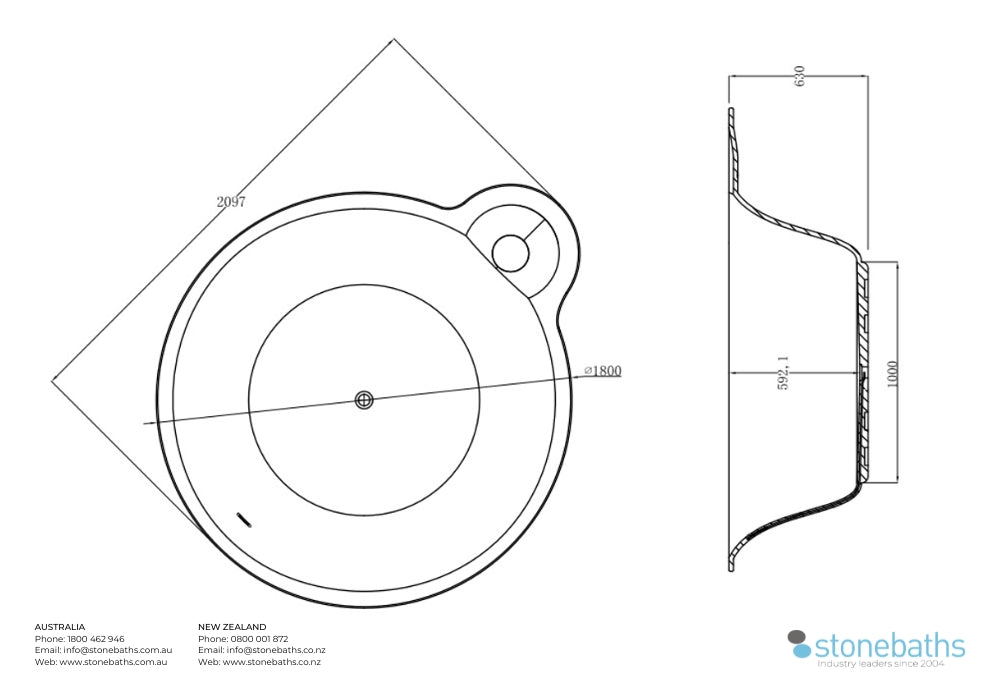 Vasso Round Bath with Shelf - 1800mm