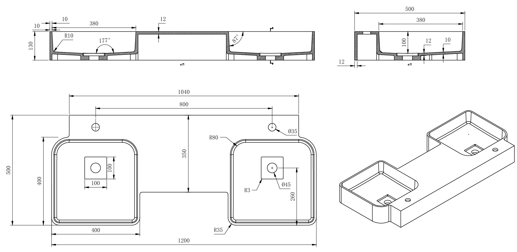 Toka Lite Double Wall Mounted Basin - 1200mm - WM03-1200